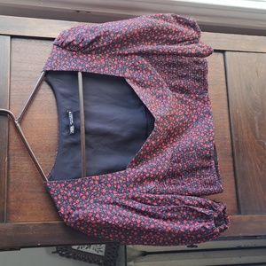 Zara USA S EUR 5 red rose floral elastic waist 1/2 top with puffy sleeves